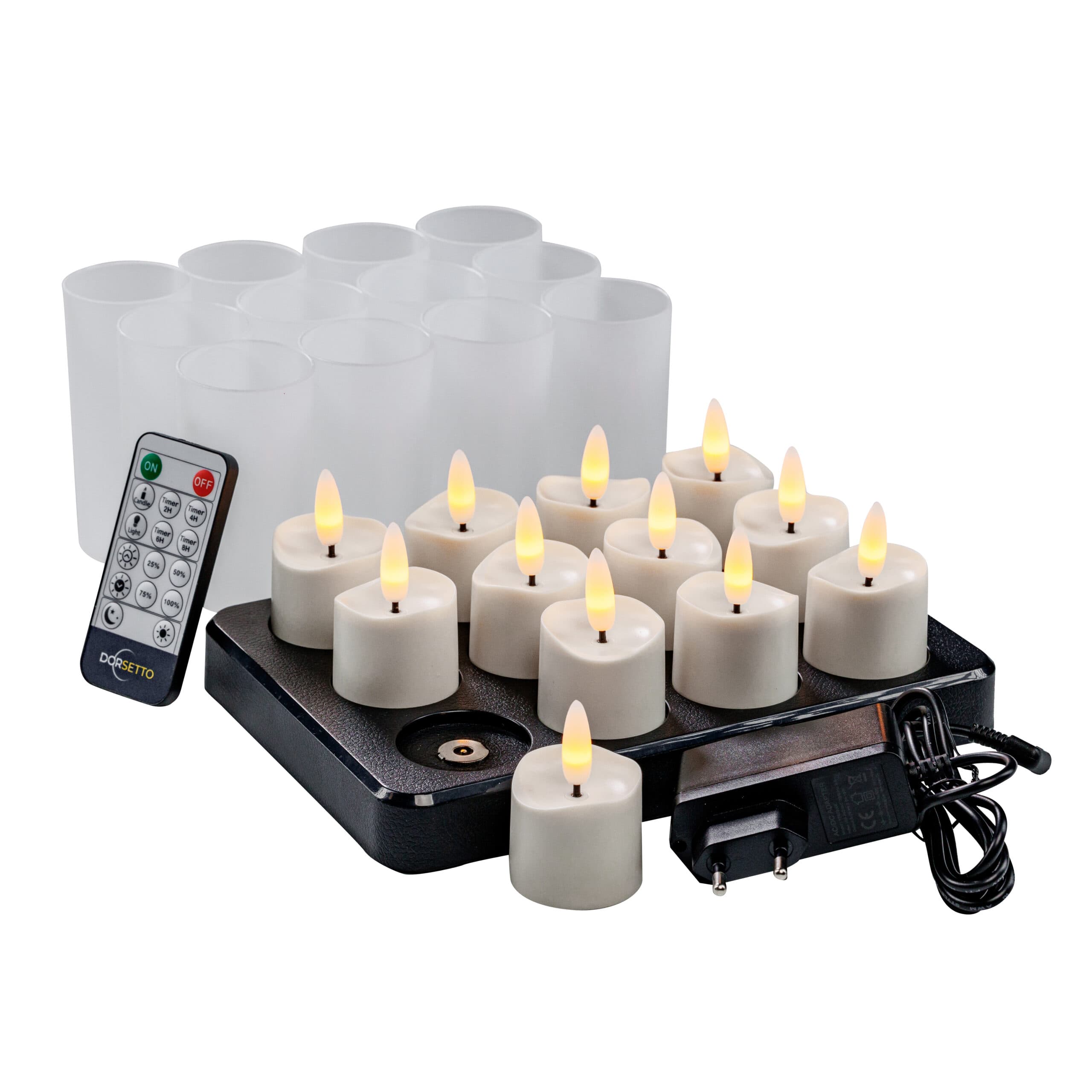3D oplaadbare LED-thee/waxinelichtjes 175 uur - met Afstandsbediening - 12 stuks - timerfunctie