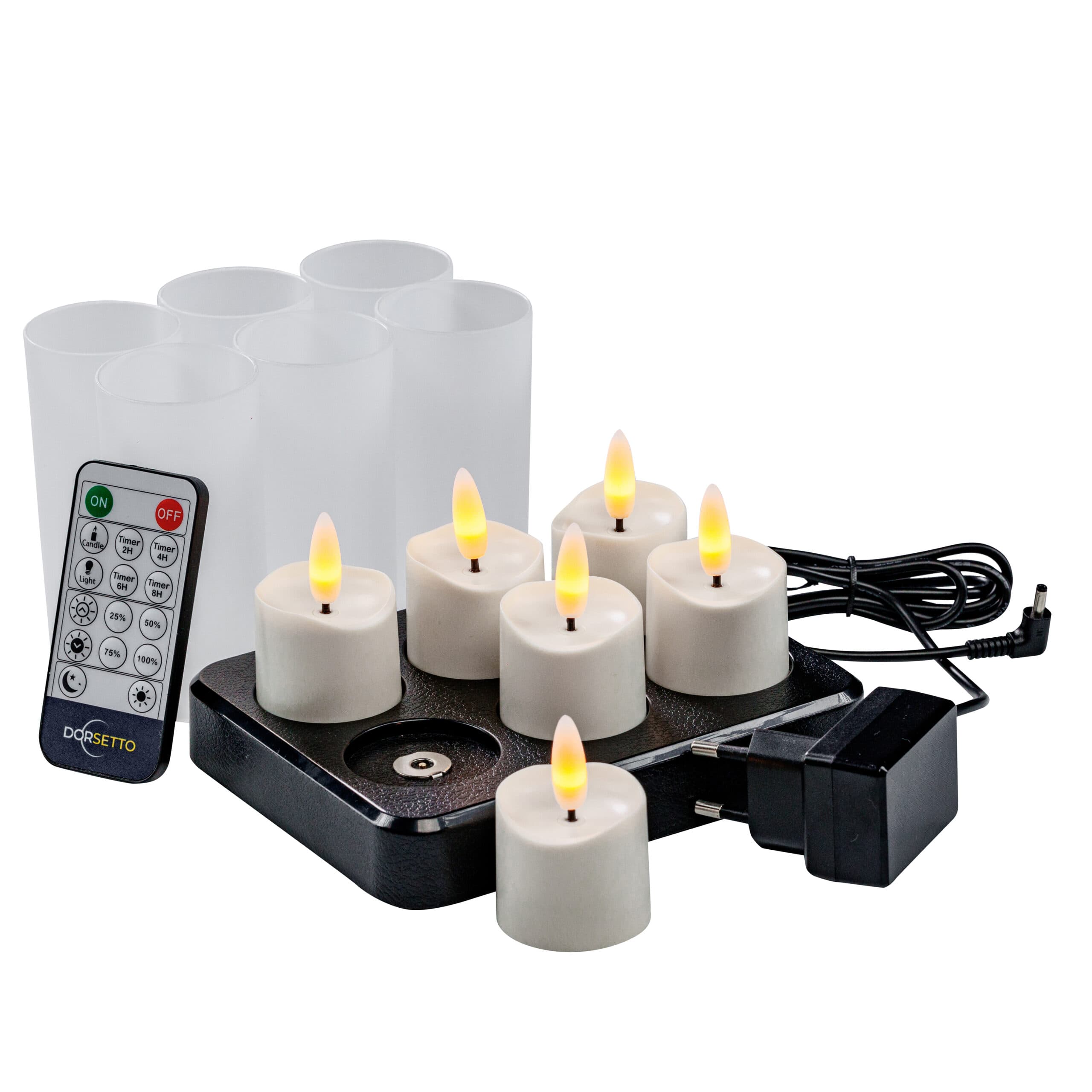 3D oplaadbare LED-thee/waxinelichtjes 175 uur - met Afstandsbediening - 6 stuks - timerfunctie