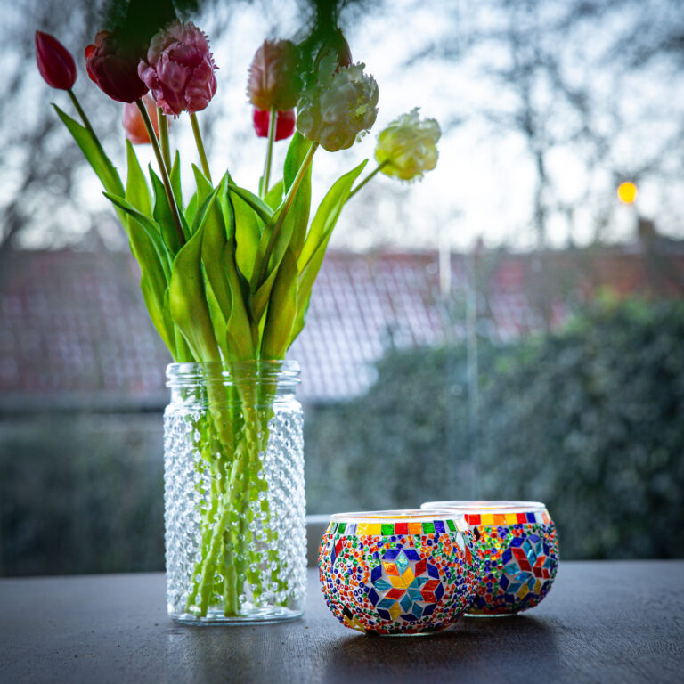 multie color theelicht houder van dorsetto op een tafel met bloemen in een vaas