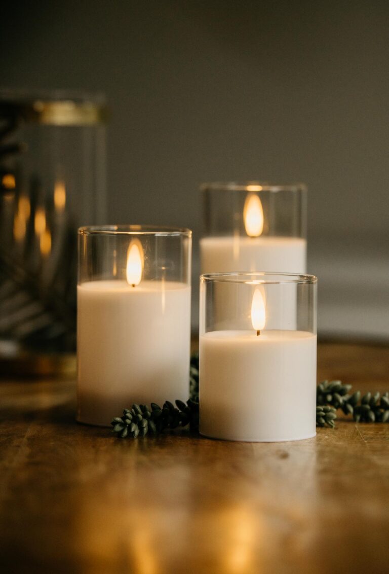 DORSETTO oplaadbare led kaarsen set. Zacht witte uitstraling in glas. Met takje op tafel. Brandtijd 105 uur.